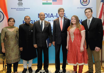CEO intern Ben Harris ’14 (far right) met with Secretary of State John Kerry and others at the India-U.S. Higher Education Dialogue in June in New Delhi. PHOTO: COURTESY CCE